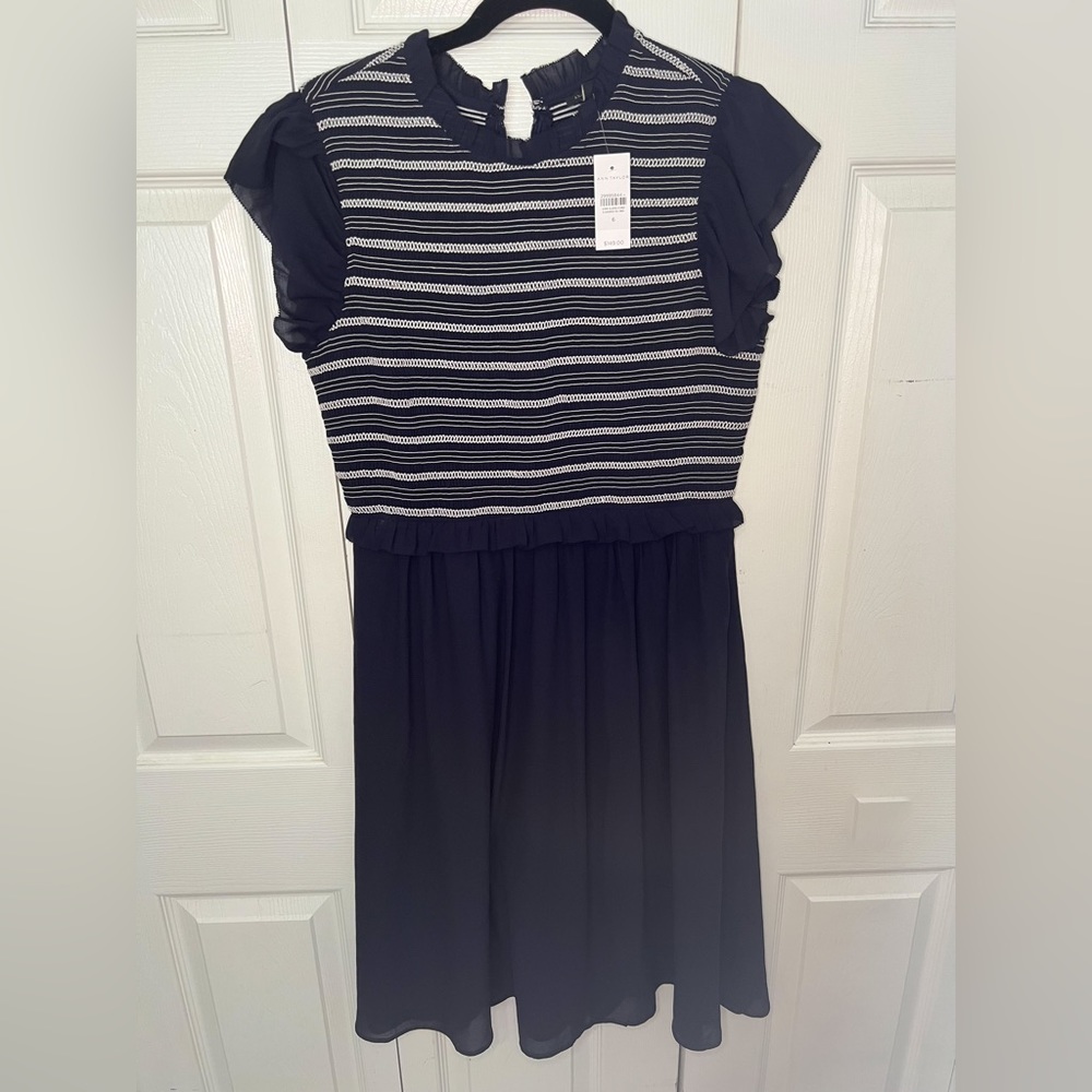 Ann Taylor Smocked Fit and Flare Navy Dress